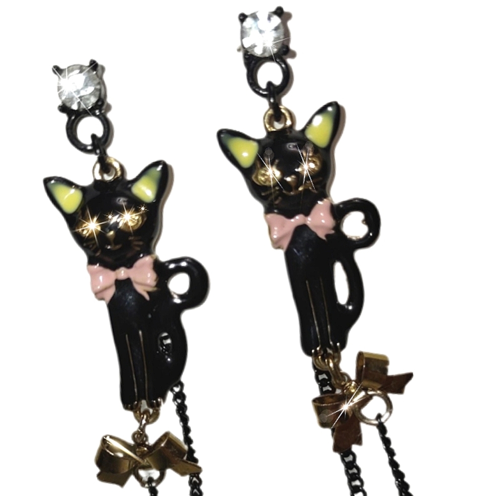 Black Cat Pink Bowtie Dangle Chain Earrings - Picture 13 of 13